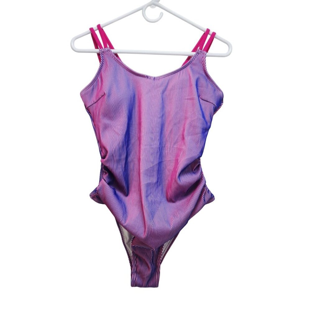Womens Pink Purple Striped One-Piece Swimsuit Double Straps  Back Cutout Size L